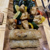 Special tasting menu: mushrooms in betel leaves, grilled skewers with sticky sauce, spring rolls  at Xich Lo in Hornchurch
