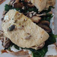 Spinach mushroom toast with extra soy egg at Moko Veggie Cafe - Anjos in Lisbon