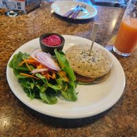 Beans burger with papaya juice at Bolsi in Asuncion