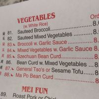 Vegetable menu at Joy Wok in Columbus