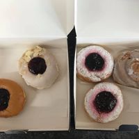 Peanut butter, cherry bake well, jammy Devil’s x2 and cinnamon swirl  at Doughnotts in Leicester