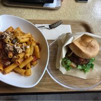 Pasta and burger at Brook's Green Cafe in Tokyo