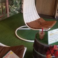 It's okay to sit in the hammock chairs while drinking a beverage if you are careful at Brook's Green Cafe in Tokyo