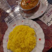 Eggplant and potato curry plus turmeric rice at Roopali in Hiroshima