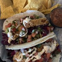 Vegan fish tacos and chips  at Colley Cantina in Norfolk