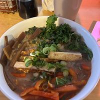 Vegan ramen w tofu, kale, bamboo, red peppers, scallions, gf noodles #Veganuary at Roppongi in Tulsa