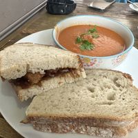 Sausage and caramelised onion sandwich and tomato and lentil soup  at The Mule on Rouge in Berwick Upon Tweed