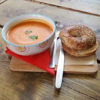 Soup of the day with toasted bagel at The Mule on Rouge in Berwick Upon Tweed