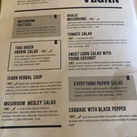 Vegan menu section as of July 2019 at Isarn Thai Soul Kitchen in Kirkland