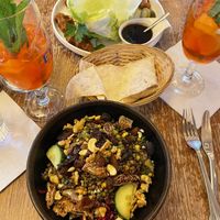 Koftas, lentil salad and two wonderfully strong aperols   at Restaurant Vege in Paris