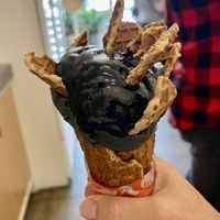 Salted caramel in waffle cone with salted caramel and waffle cone toppings   at Frankie & Jo's - Ballard in Seattle