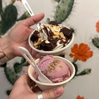 Blackberry lemon cheesecake (seasonal) and chaga hot fudge sundaee  at Frankie & Jo's - Ballard in Seattle