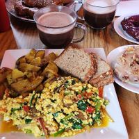 Tofu scramble,  spicy hot chocolate, vegan maple walnut donut at Blueprint Cafe in Newark
