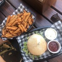 Veggie burger and sweet potato fries  at N17 Burger Co in Port Douglas