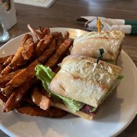 Borealis burger with yam fries  at Tundra Inn in Churchill