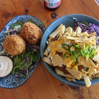 Mac and Jackfruit Croquettes and Loaded Fries at VegOut on Charles in Launceston