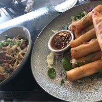 Spring rolls and spicy mushroom pasta at VegOut on Charles in Launceston