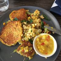 Vegetables fritters w curried rice salad at VegOut on Charles in Launceston