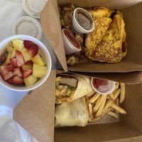 French toast sandwich, fruit, and chick’n and max n cheese wrap (not pictured, the Cosmopolitan smoothie) and some sides of ranch.  at The Modern Vegan in Las Vegas