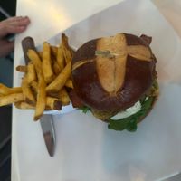 Shrimp burger and  fries   at The Modern Vegan in Las Vegas
