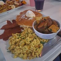 Pancakes, 'bacon', scrambled tofu and potatoes at The Modern Vegan in Las Vegas