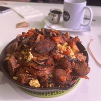 Skillet - bacon sausage mushrooms and tomatoes   at The Modern Vegan in Las Vegas