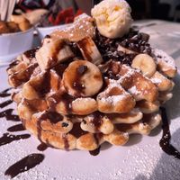 The Ex - waffles topped with bananas, chocolate chips, peanut butter, and chocolate sauce   at The Modern Vegan in Las Vegas