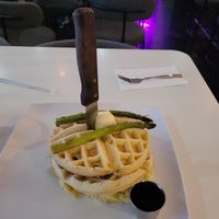 Chick'n & waffles - with syrup, asparagus, mashed potatoes. at The Modern Vegan in Las Vegas