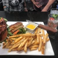 Buffalo burger with Pink Lush drink  at The Modern Vegan in Las Vegas