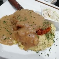 Louisiana fried "Chicken" with mashed potatoes and delicious sauce + coleslaw at The Modern Vegan in Las Vegas