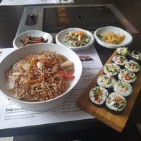 Vegetable noodles and vegan kimbap at Cro.K in Zagreb