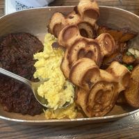 Vegan Mickey Waffles, Just Egg Scramble, and the best vegan breakfast sausage I have ever tasted 😋  at Walt Disney World - Tusker House Restaurant in Lake Buena Vista