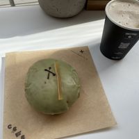 Amazing tequila, lime and yuzu doughnut, and chai latte    at Crosstown Doughnuts Vegan in London