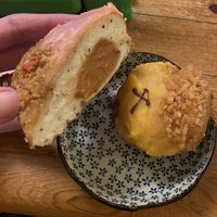 We brought home the guava custard strawberry glazed doughnut (left) and the chai spice custard apricot glazed (right)  at Crosstown Doughnuts Vegan in London