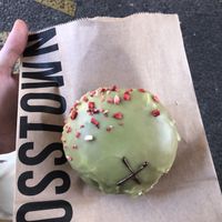 Matcha strawberry donut with rhubarb filling😻  at Crosstown Doughnuts Vegan in London