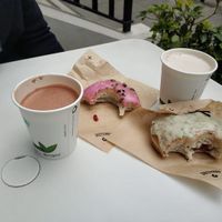 Chocolate drink, latte and 2 amazing doughnuts at Crosstown Doughnuts Vegan in London