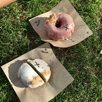 Lemon thyme donut and lime coconut custard donut at Crosstown Doughnuts Vegan in London