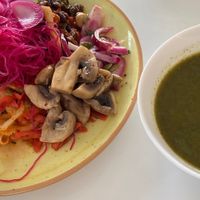 Salad from salad bar and soup of the day (vegan spinach soup)  at Ginger - Radhusplatsen in Helsingborg