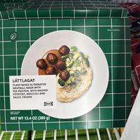 Frozen vegan meatballs with broccoli, mashed potatoes, and gravy   at IKEA in Bloomington