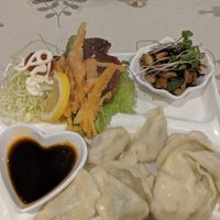Vegan dumplings lunch set at Aina Cafe in Osaka