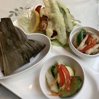 Sticky rice pudding plate with tempura vegetables  at Aina Cafe in Osaka