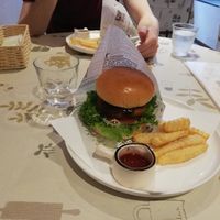 Burger and fries at Aina Cafe in Osaka