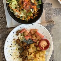 Soya chunks, patata bravad and salad - delicious !  at Canadu in Malaga