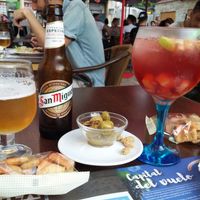 San Miguel vegan beer, sangria without alcohol, and very tasty olives. at Canadu in Malaga