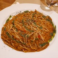 Spaghetti bolognese with pesto at Canadu in Malaga
