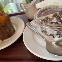 Blueberry bun and overnight oats. Barista oat milk for the coffee.  at Vete-Katten in Stockholm