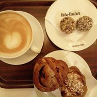 vegan options: chocolate balls and buns with cinnamon or jam at Vete-Katten in Stockholm