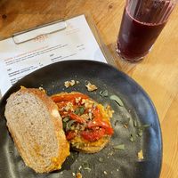 Pumpkin puree sandwich and beet juice  at Bhalu in Nijmegen