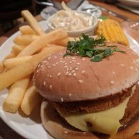 Vegan chicken burger, chips and coleslaw at Charlie Brown's Diner in Eastbourne