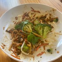 Japanese noodle dish with mushrooms and broccoli.  Sauce and noodle were ok.  The fresh broccoli had a weird taste, so we didn’t eat the rest.   at Noodles & Company in Bloomington